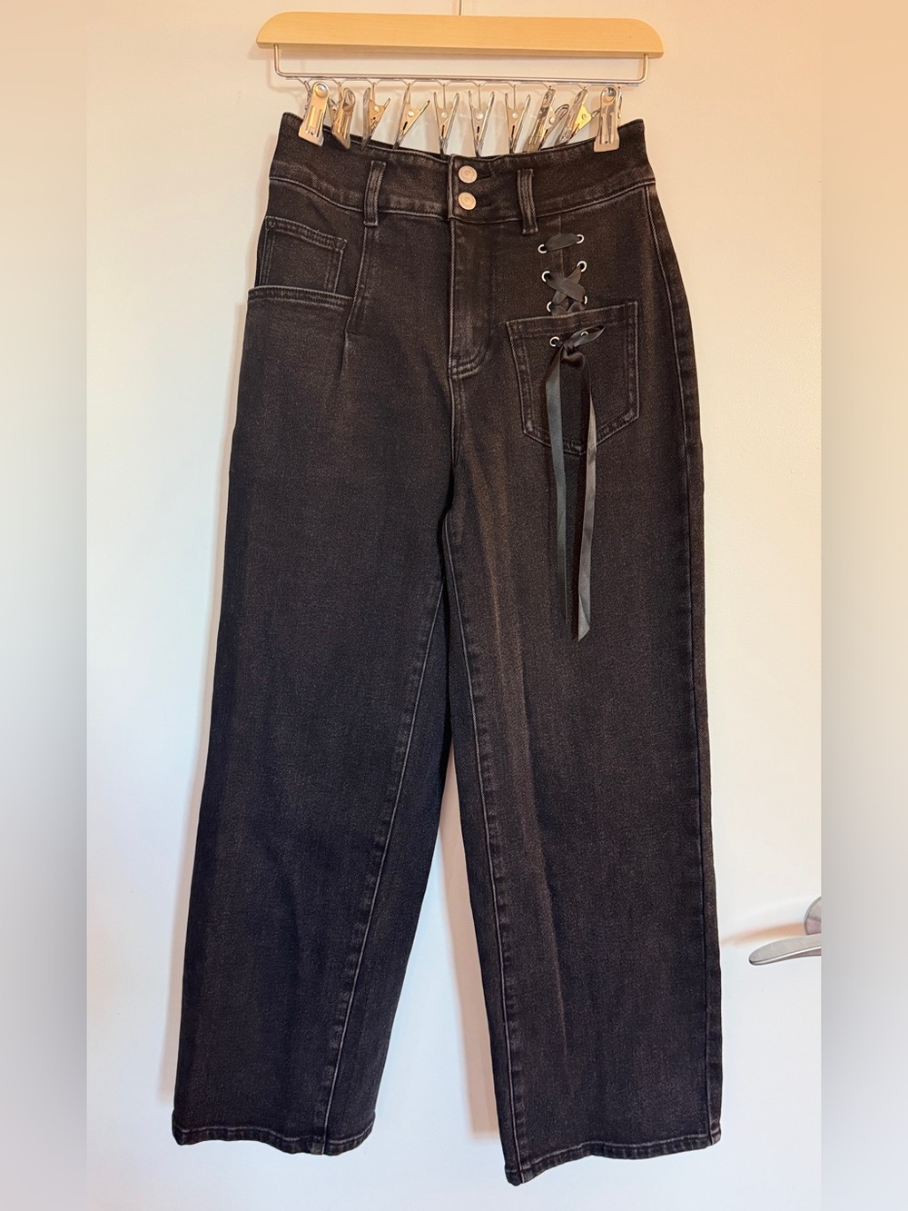 High-Rise Straight Leg Jeans with Lace-Up Detail - Black